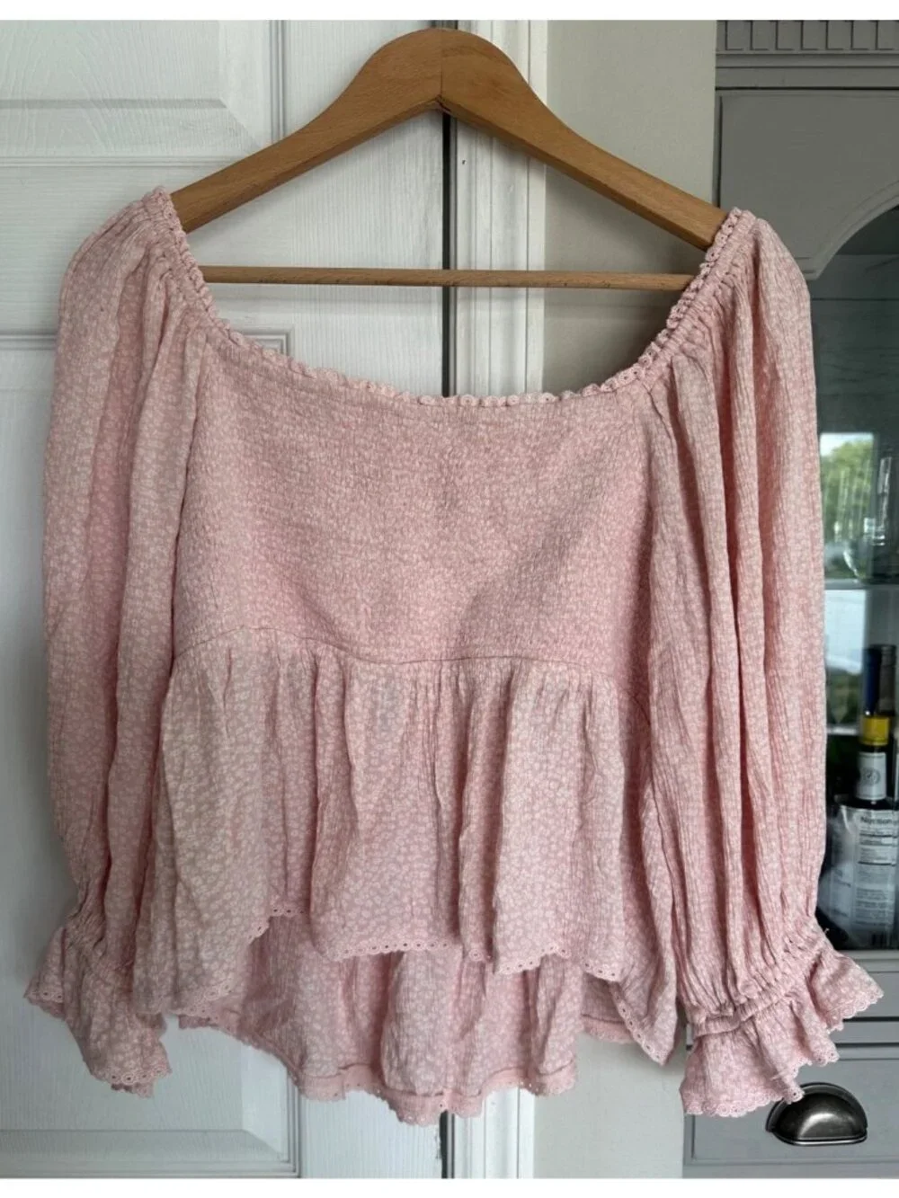 Free People XL Pink Brittnee Print Smocked Peplum Top Boho Coquette Feminine